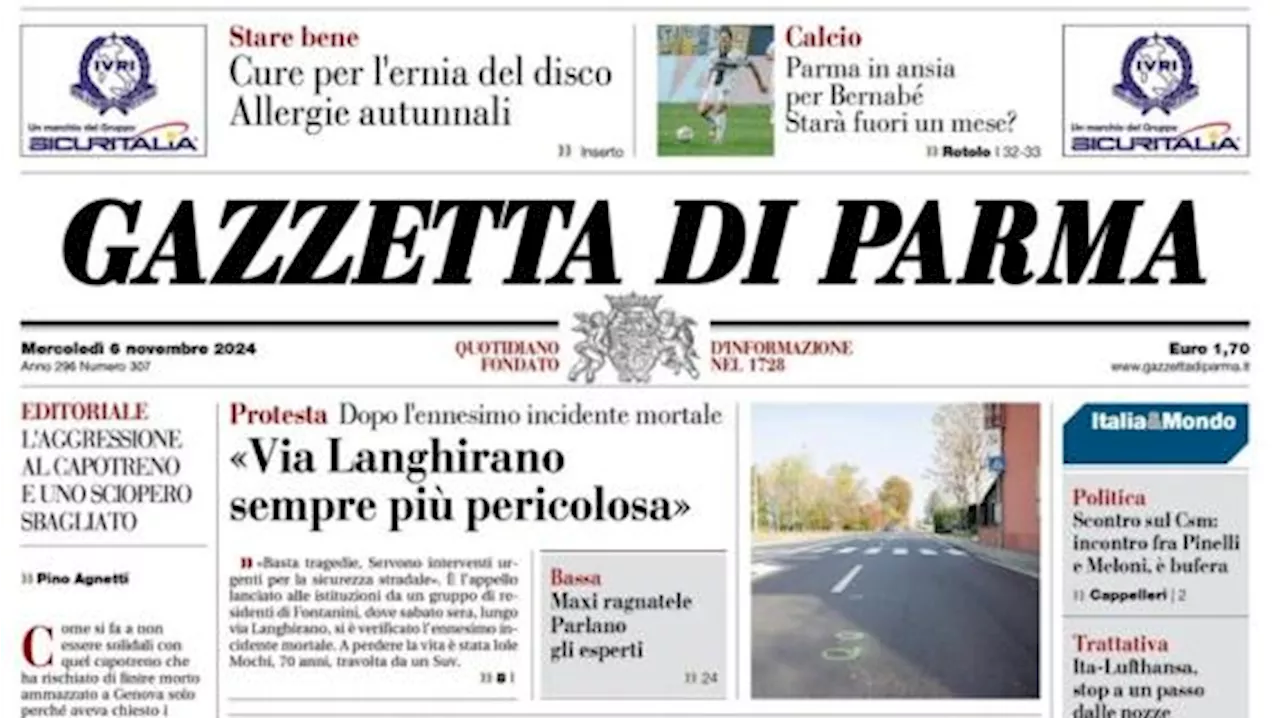 La Gazzetta di Parma in prima pagina: 'Ansia per Bernabé: starà fuori un mese?'