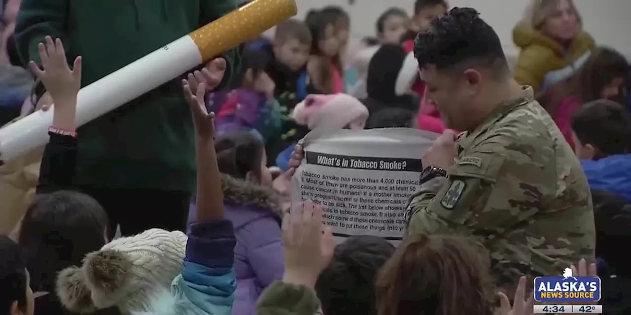 Alaska National Guard member share anti-drug & tobacco message with Klatt Elementary students