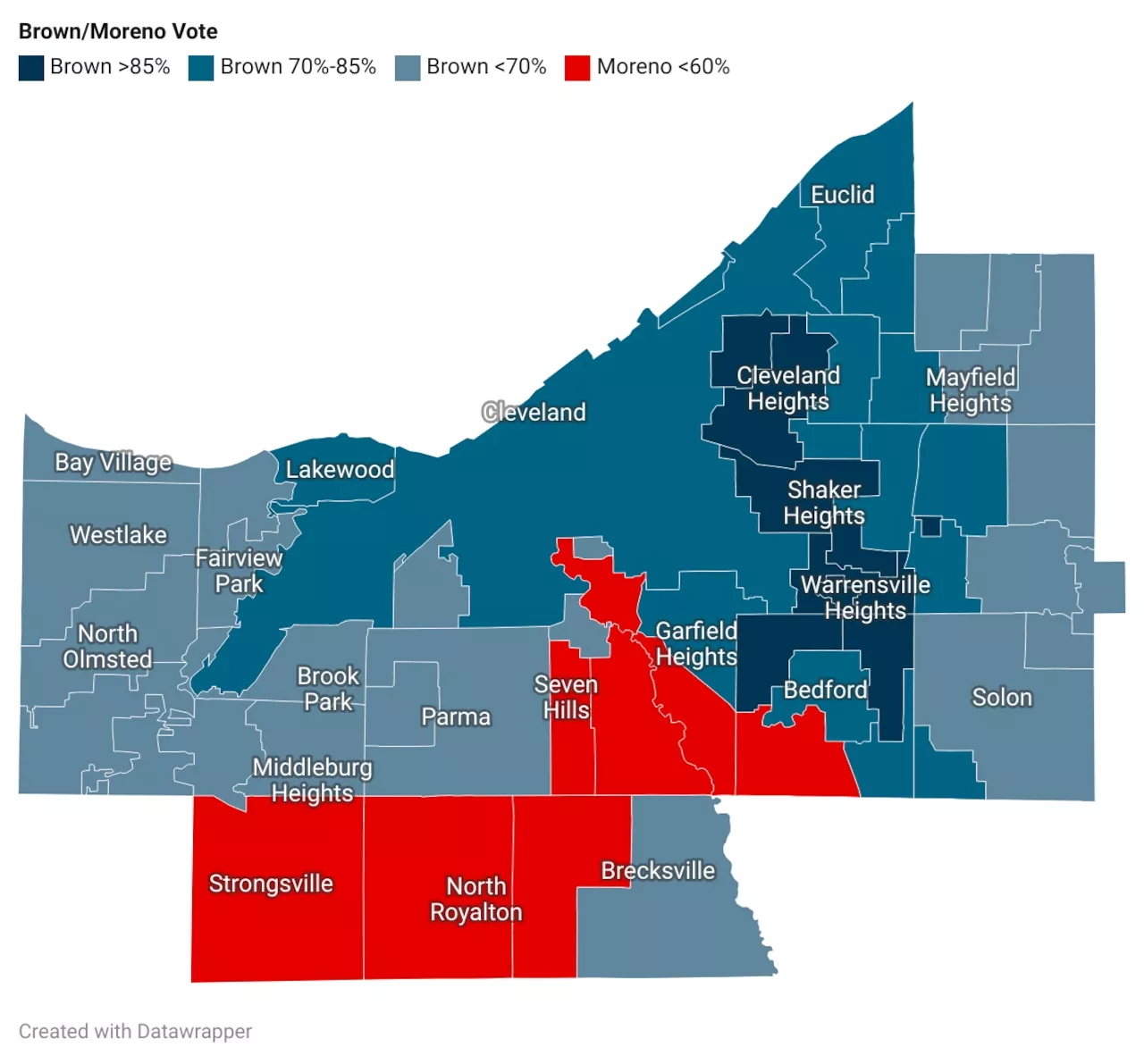 While Sherrod Brown lost Ohio, Cuyahoga County widely backed him until the end (vote map)