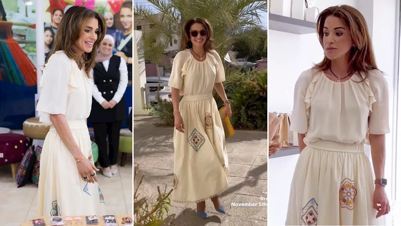 Rania di Giordania, camicetta arricciata e gonna con ricami: il royal look è movimentato