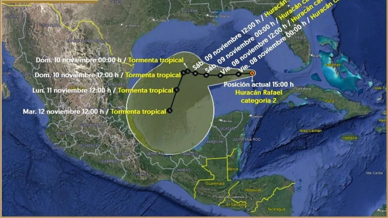 Huracán Rafael categoría 2 avanza en el Golfo de México con esta trayectoria