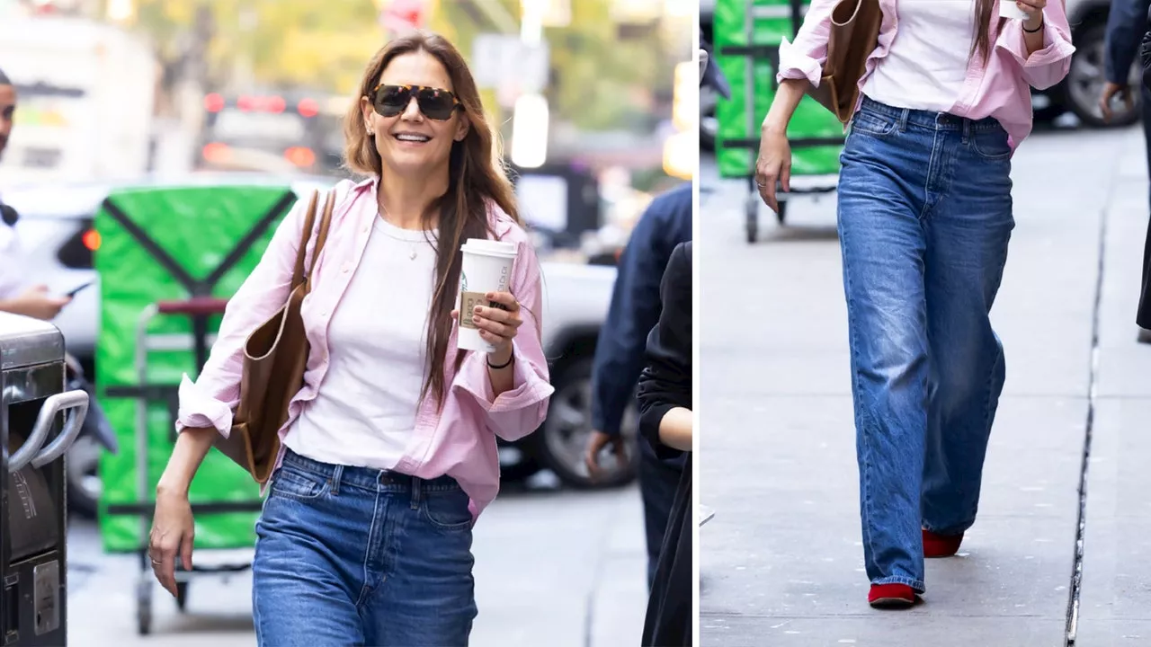 Cómo elevar tus baggy jeans con bailarinas rojas como Katie Holmes en noviembre 2024