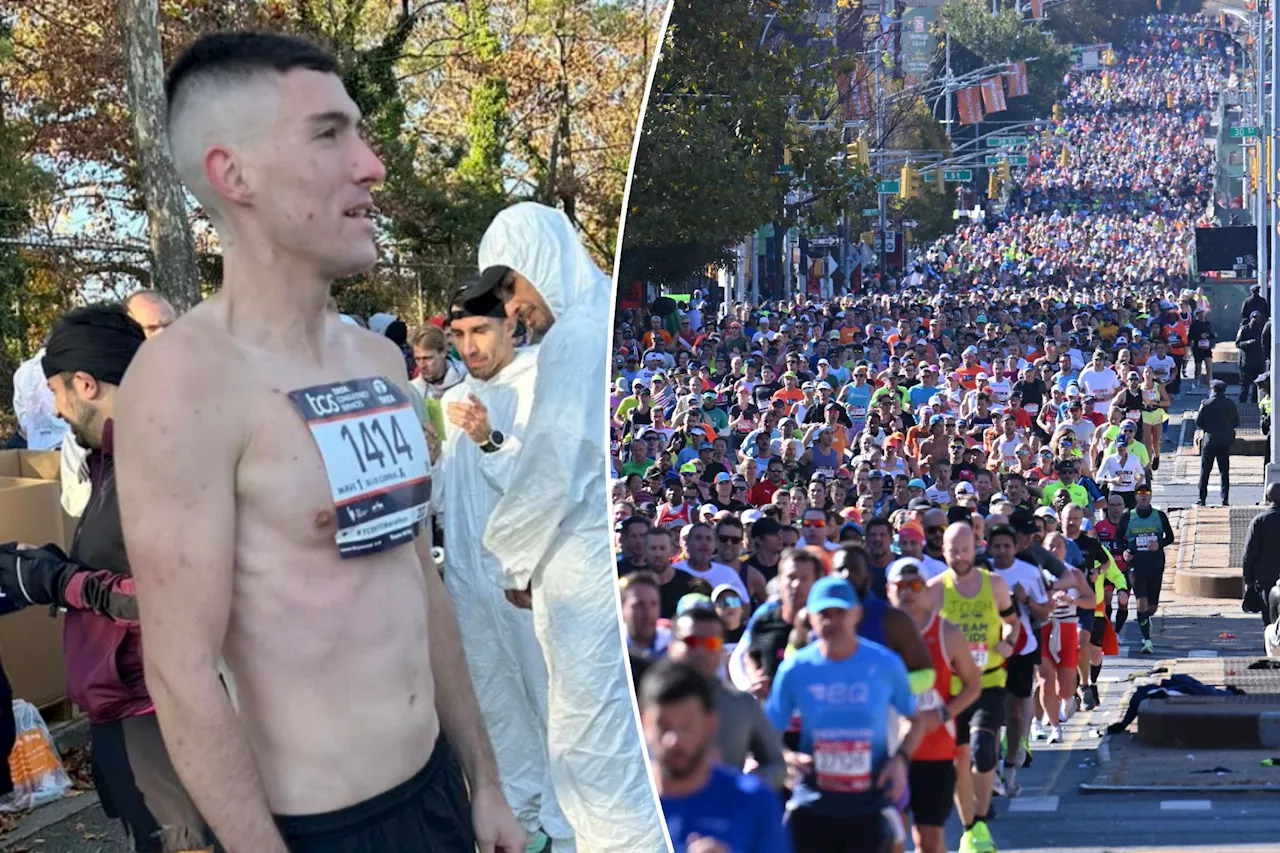 Connor Strynkowski completes NYC Marathon with race bib pinned to his bare chest