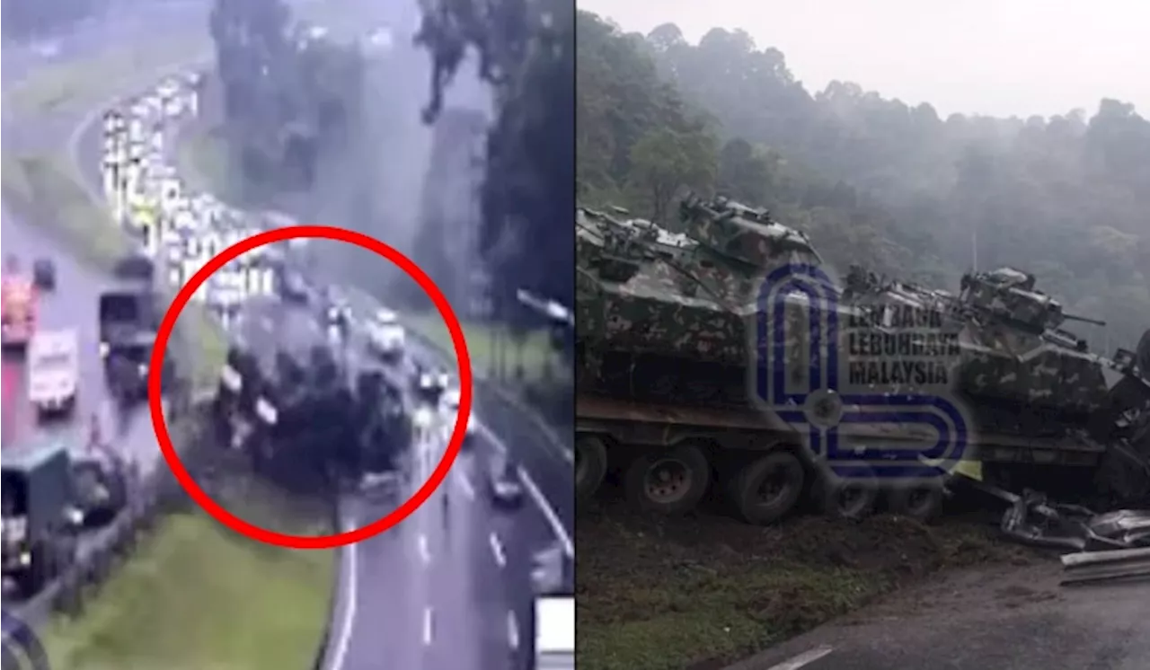 Treler Awam Tukar Laluan Mengejut Punca Kenderaan Pengangkut Bawa Kereta Kebal Terbabas