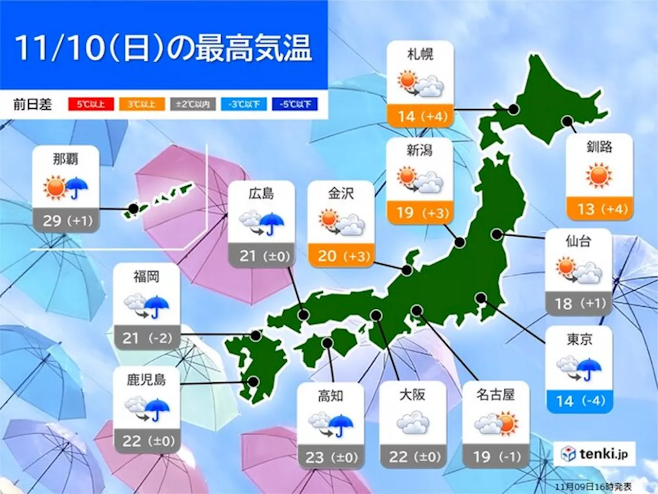 10日(日) 関東～九州は雨 関東は初冬の寒さ 奄美や沖縄は非常に激しい雨の恐れ(気象予報士 吉田 友海 2024年11月09日)