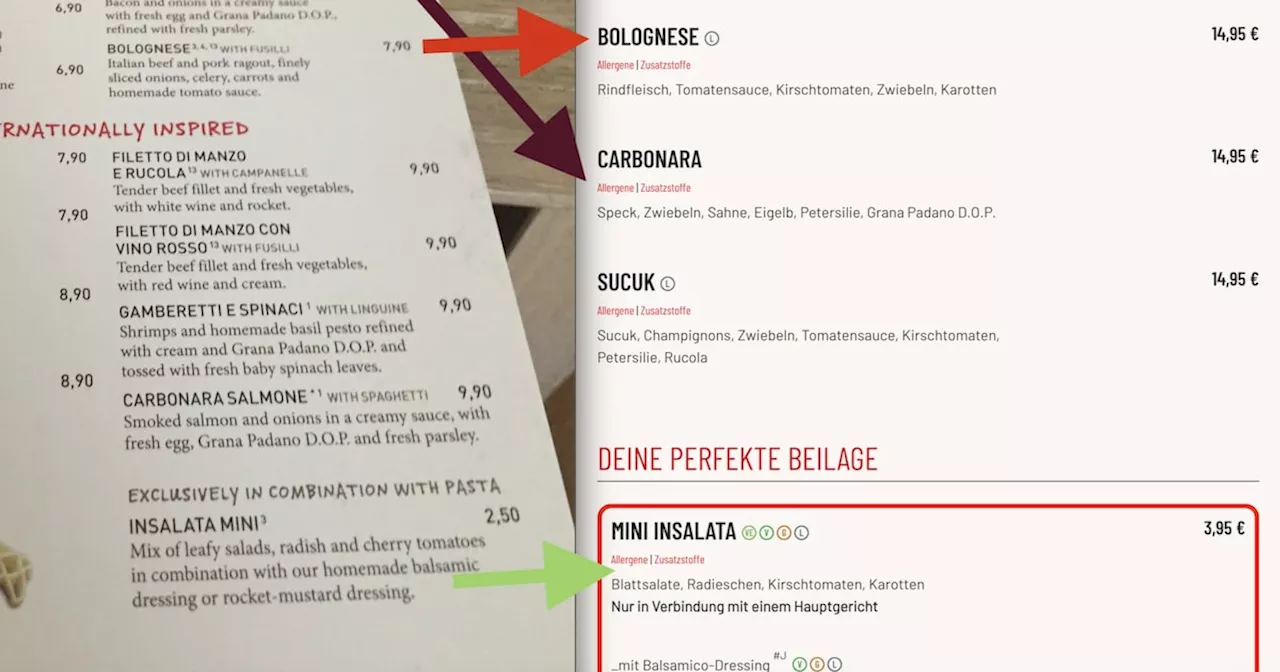 Bilder von Berliner Vapiano Speisekarten aus 2015 und heute zeigen erheblichen Preissprung