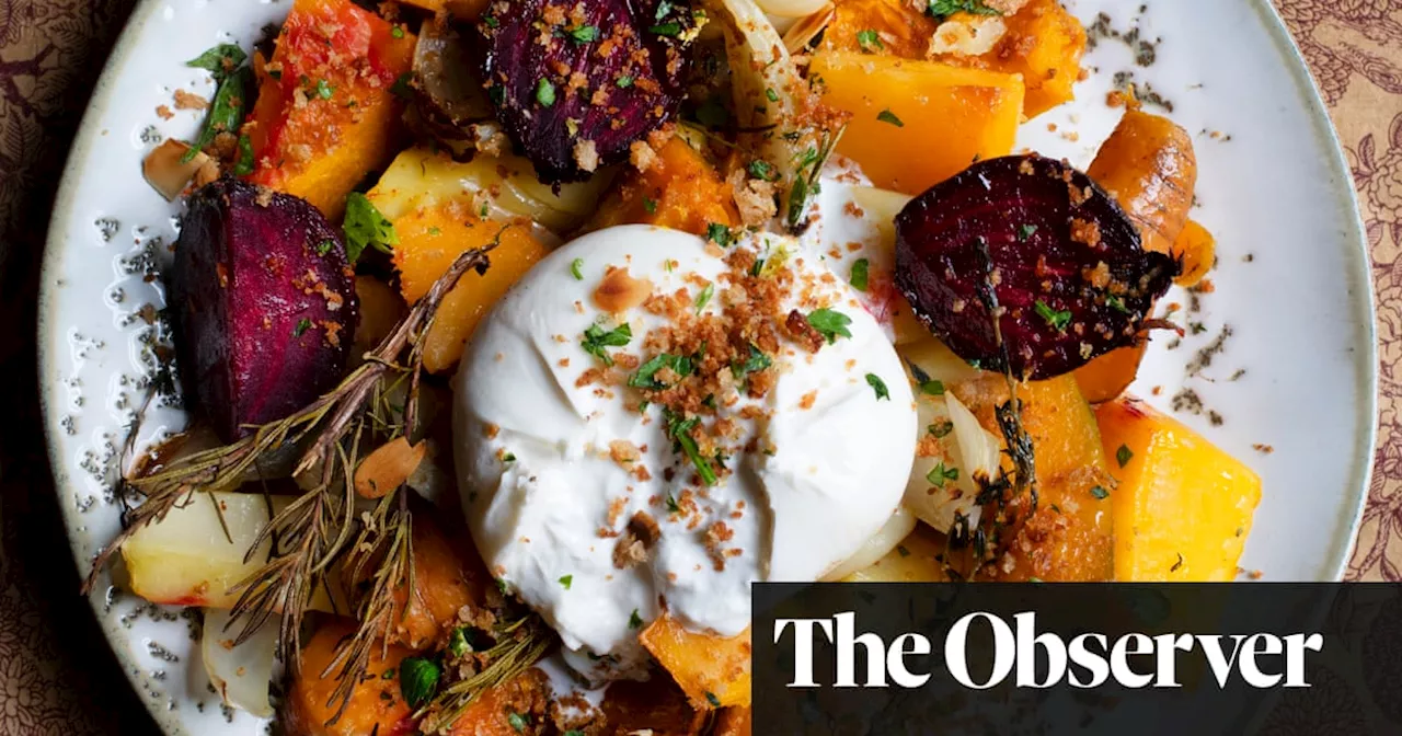 Nigel Slater’s recipes for roast vegetables with burrata, and marmalade pears