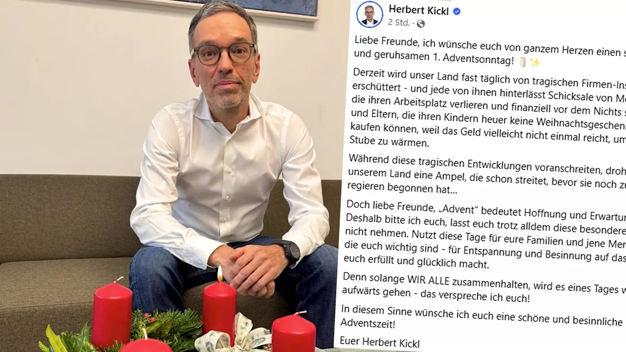 FPÖ-Chef Kickl spricht in Adventsposting von 'tragischen Entwicklungen' in Österreich