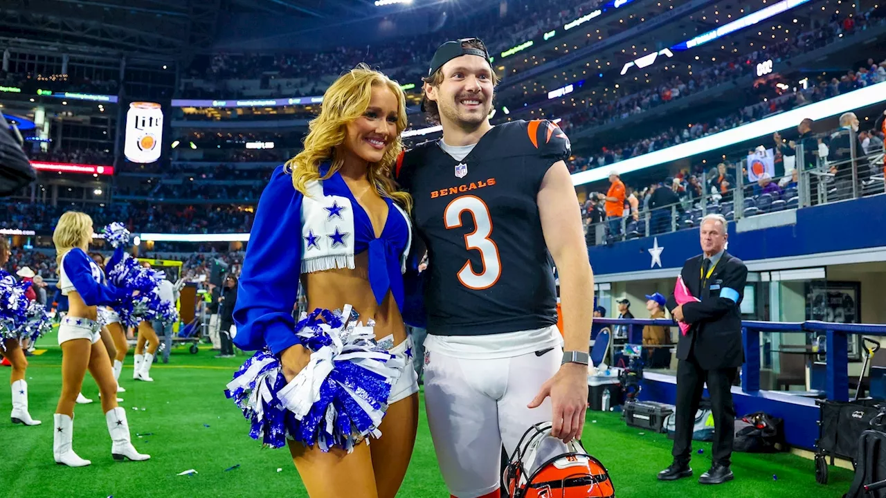 Bengals kicker Cade York kisses Cowboys cheerleader girlfriend Zoe Dale after his win