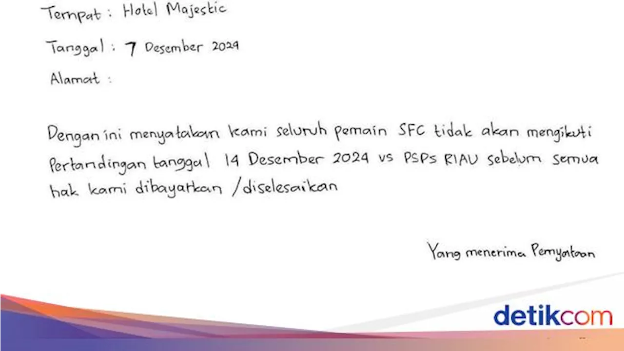 Pemain SFC Buat Surat Pernyataan Mogok Tanding karena Gaji Belum Dibayar