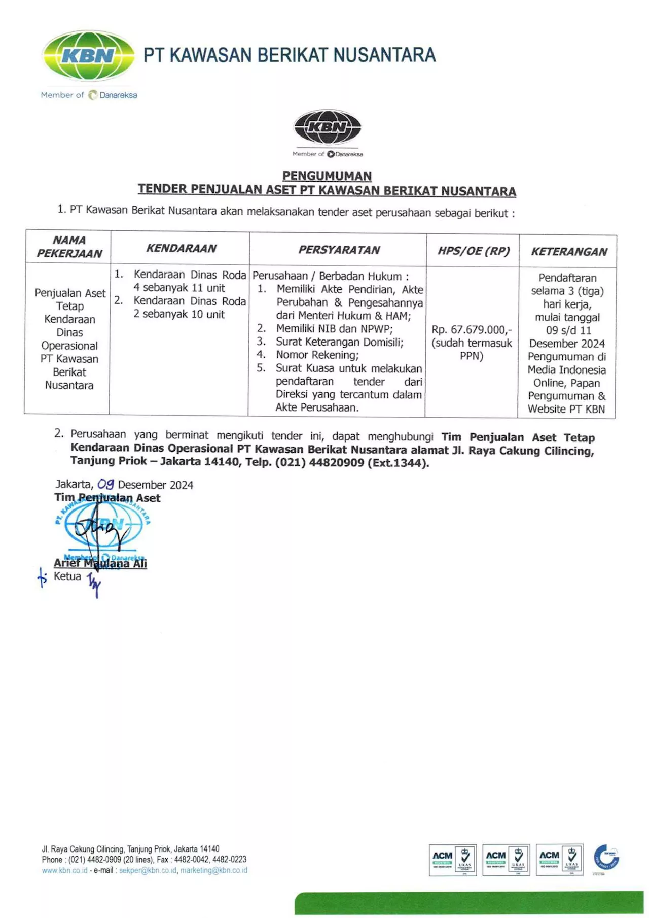 Pengumuman Penjualan Aset Kendaraan Dinas Operasional PT Kawasan Berikat Nusantara