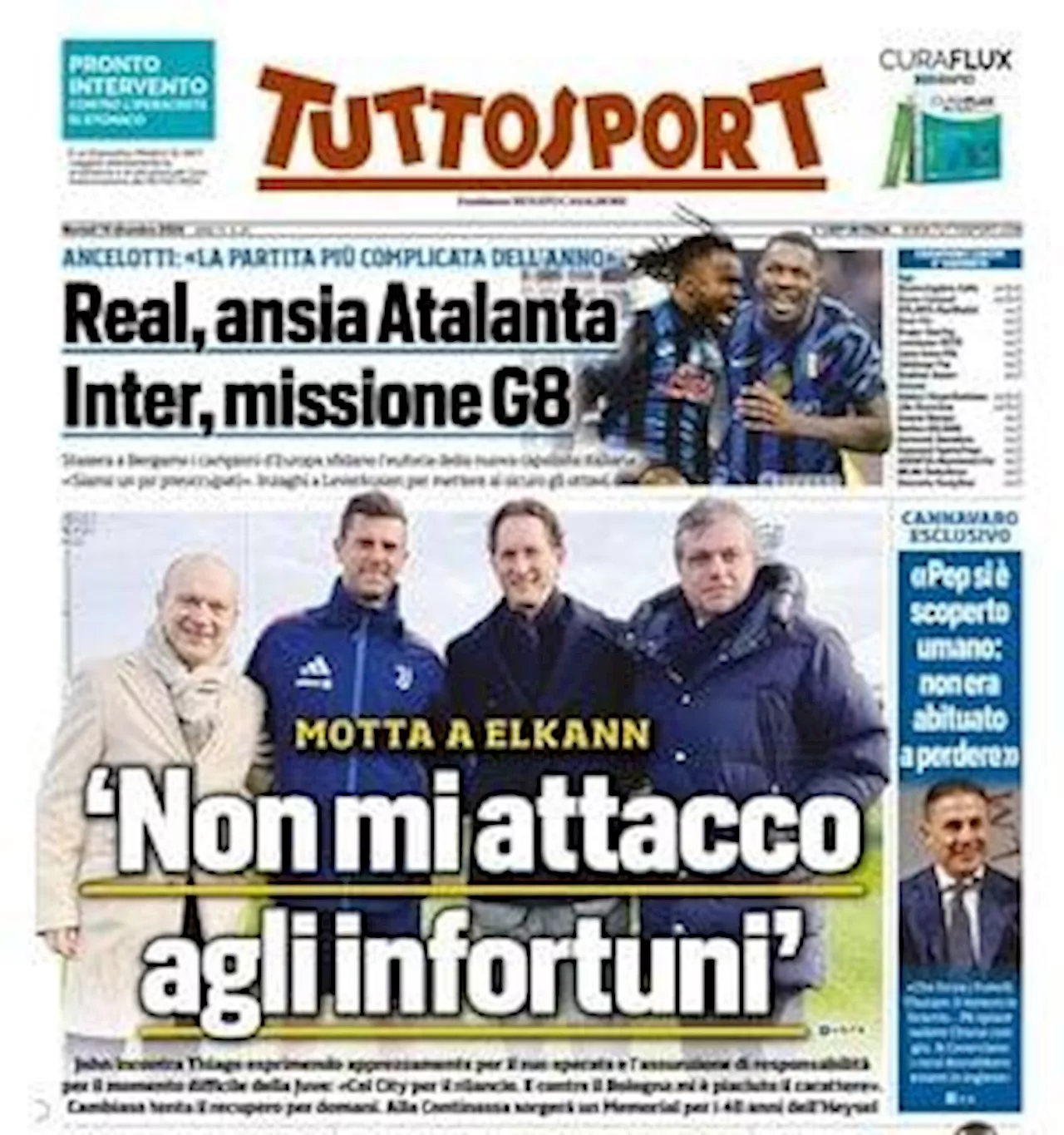 Tuttosport in prima pagina con le parole di Motta a Elkann: 'Non mi attacco agli infortuni'