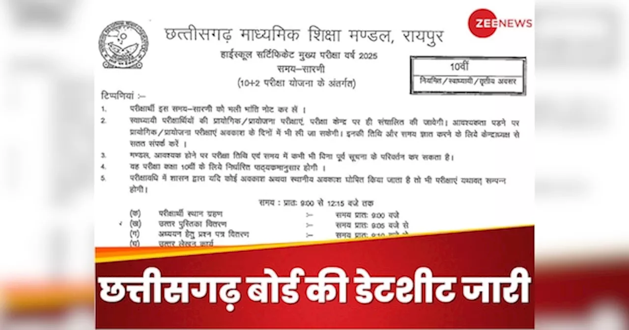 CGBSE Board 2024: छत्तीसगढ़ बोर्ड 10वीं 12वीं की डेटशीट जारी, चेक कर लीजिए डेट-टाइम समेत अपना पूरा शेड्यूल