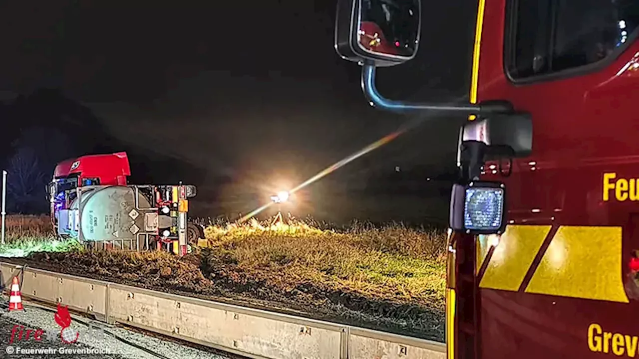 D: Gefahrgut-Lkw verunglückt bei Grevenbroich → stundenlanger Einsatz mit zwei Schwerkränen auf der Autobahn