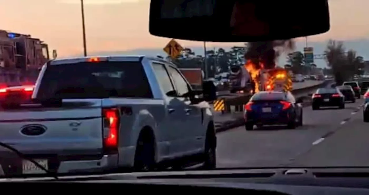 WATCH: Cement truck seen in flames on Houston highway