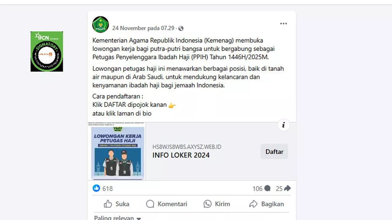 Cek Fakta: Tidak Benar Link Pendaftaran Lowongan Kerja Petugas Penyelenggara Ibadah Haji 2025 dari Kemenag