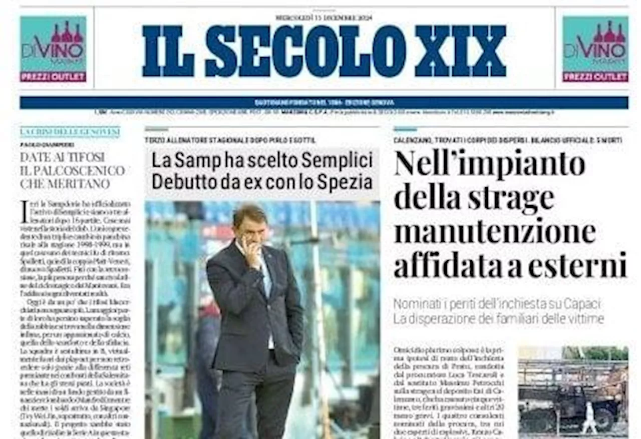 Il Secolo XIX recita: 'La Samp ha scelto Semplici, debutto da ex con lo Spezia'