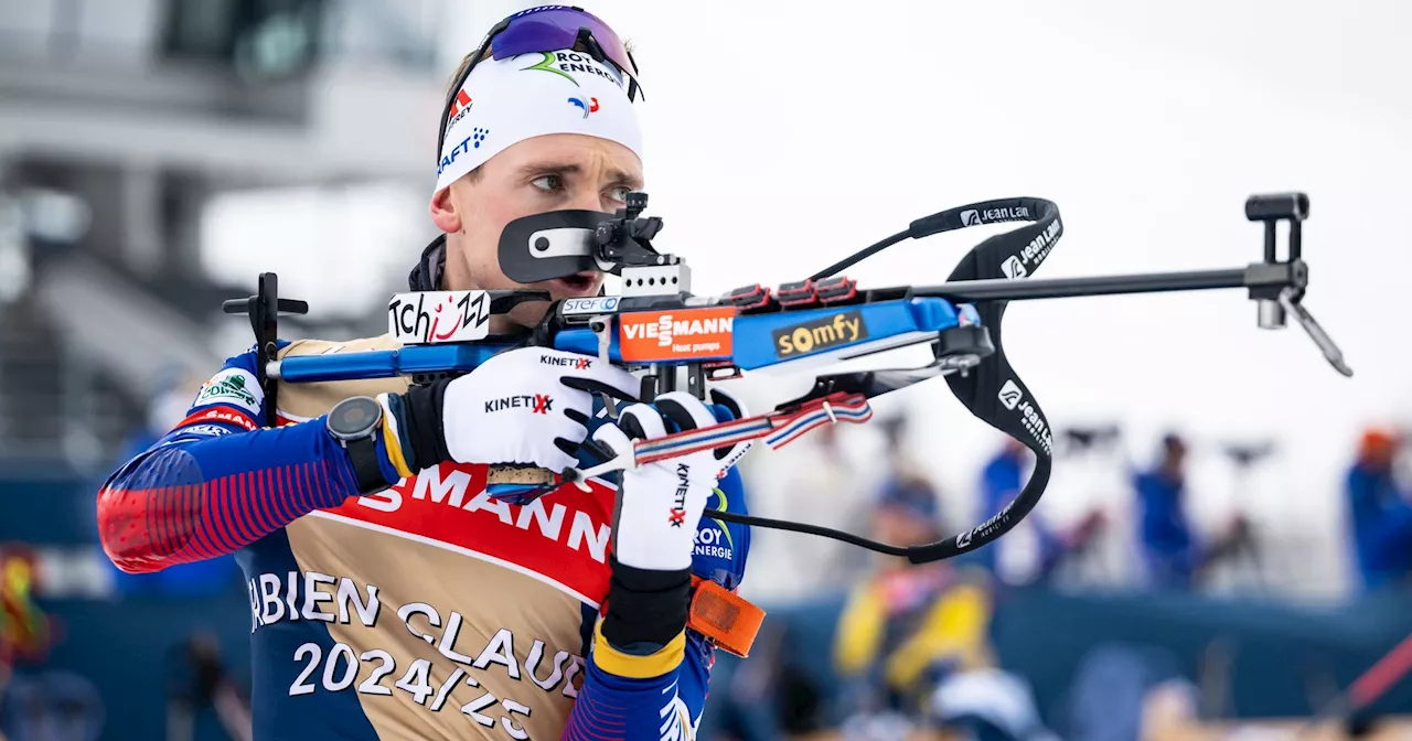  Sprint | Fabien Claude sur le podium, le vainqueur Johannes Boe prend le dossard jaune à Eric Perrot