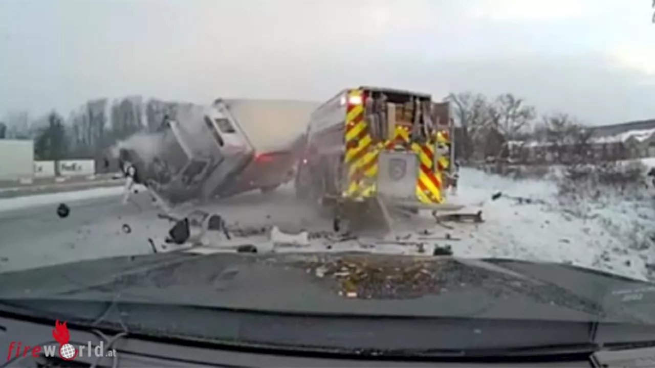 USA: Drei Feuerwehrfahrzeuge sowie ein Polizeifahrzeug auf eisiger I-94 von Lastwagen gerammt