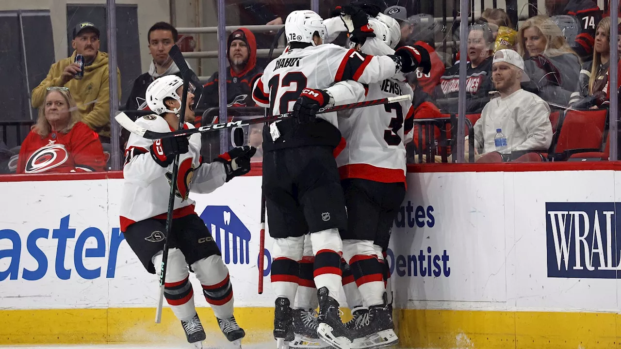 Pinto scores 2 goals, Ullmark gets 2nd shutout of season as Senators beat Hurricanes 3-0