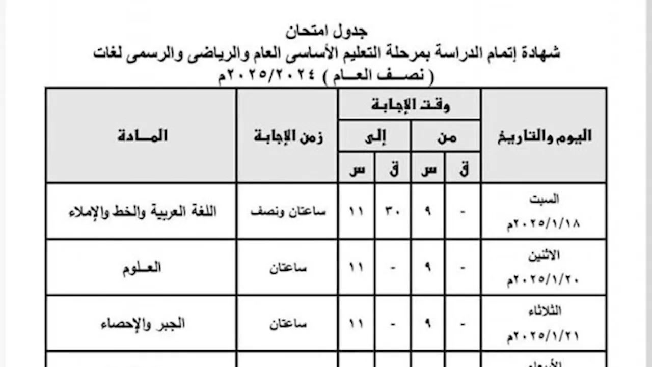 جدول امتحانات نصف العام 2025 الصف الثالث الإعدادي.. مواعيد رسمية نهائية