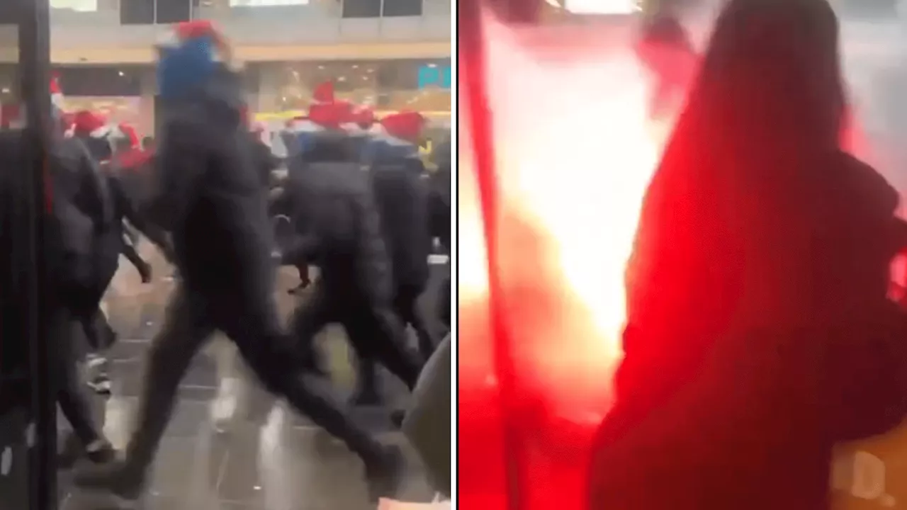 Shock moment Celtic & Rangers ultras clash as terrified Christmas shoppers left petrified by pyro in...