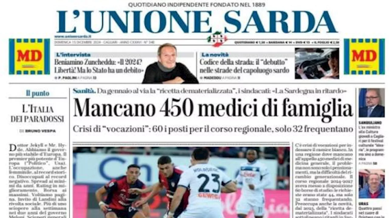 Ko interno contro l'Atalanta, L'Unione Sarda titola: 'Cagliari, non basta il cuore'