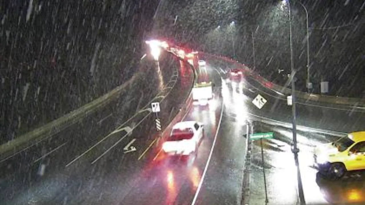 Wet snow falls over Malahat highway Monday morning