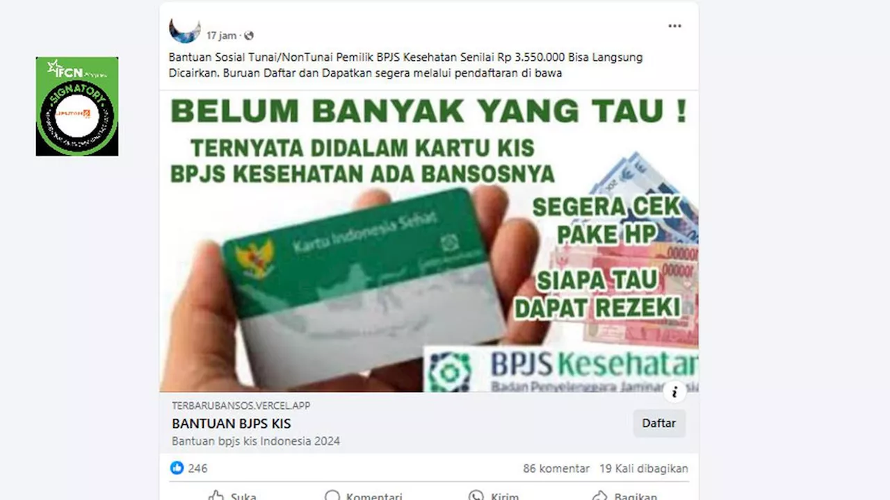 Cek Fakta: Hoaks Link Pendaftaran Pencairan Bansos Rp 3,55 Juta untuk Pemilik Kartu BPJS Kesehatan