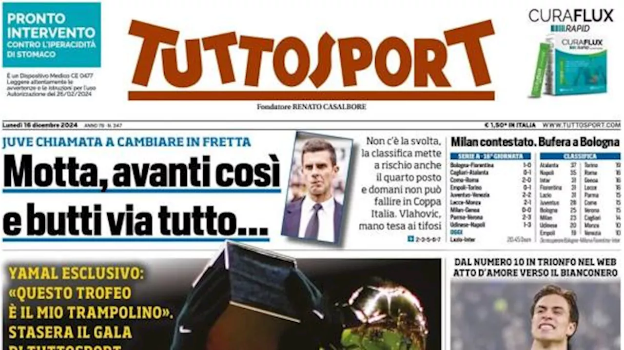 Tuttosport in apertura con l'intervista a Lamine Yamal: 'Golden Boy, poi il mondo'