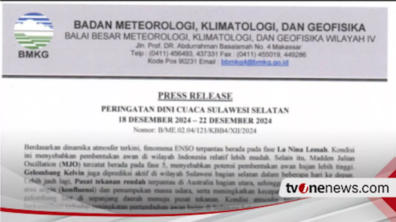 BMKG Keluarkan Peringatan Hujan Lebat Di Sejumlah Daerah di Sulsel, Catat Tanggalnya!