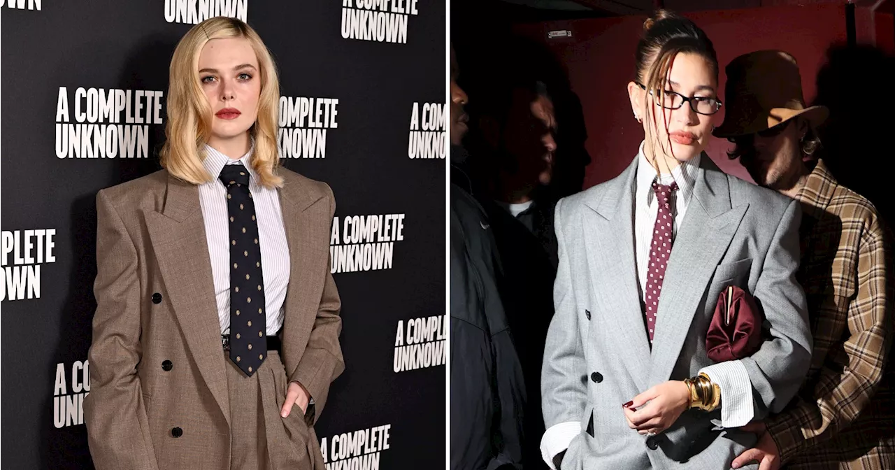 Elle Fanning Wears Same Saint Laurent Suit as Hailey Bieber