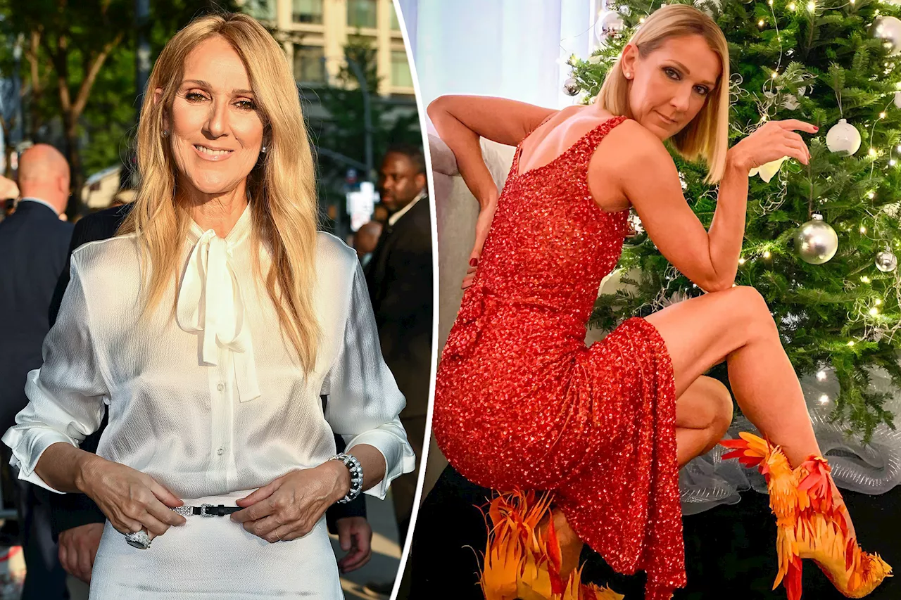 Celine Dion poses in front of Christmas tree wearing flaming phoenix heels: 'Pure fire'