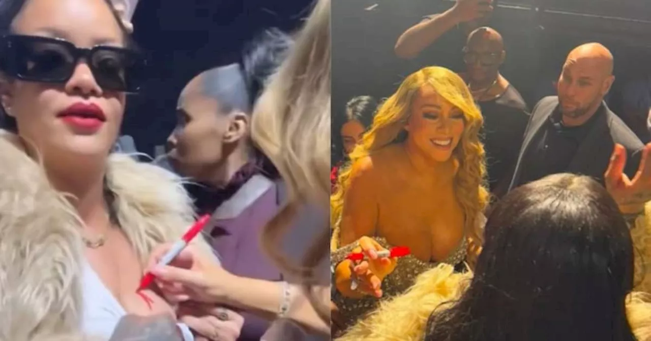 Rihanna pede autógrafo no peito de Mariah Carey em show de Natal