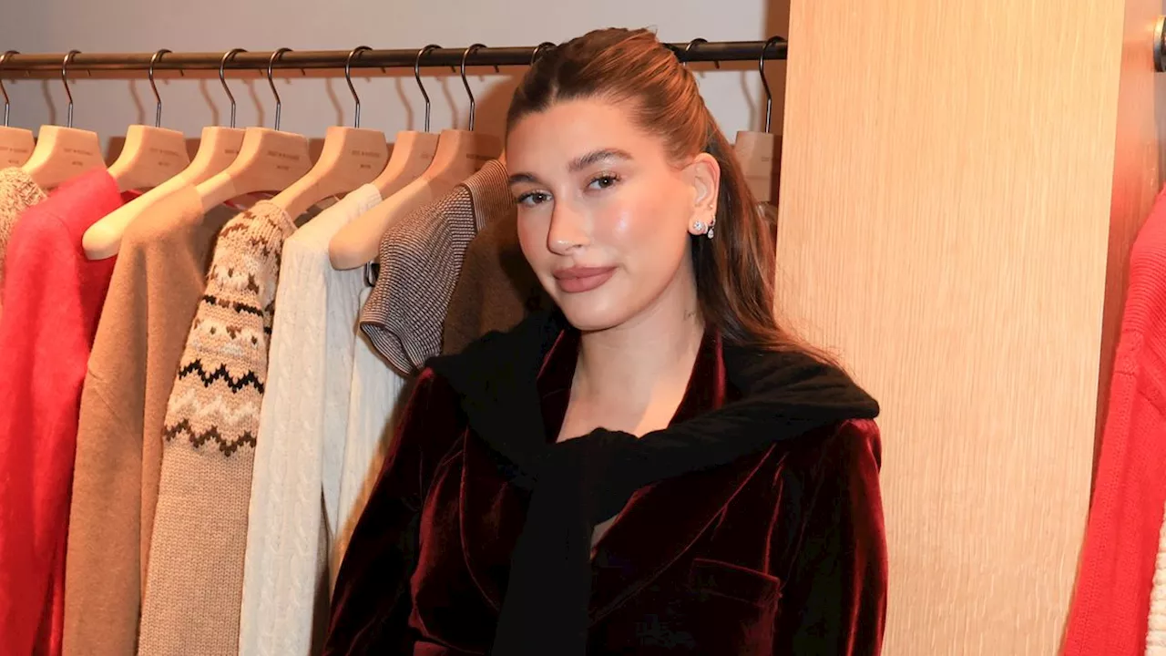 Hailey Bieber's Monochromatic Burgundy Look for Jingle Ball