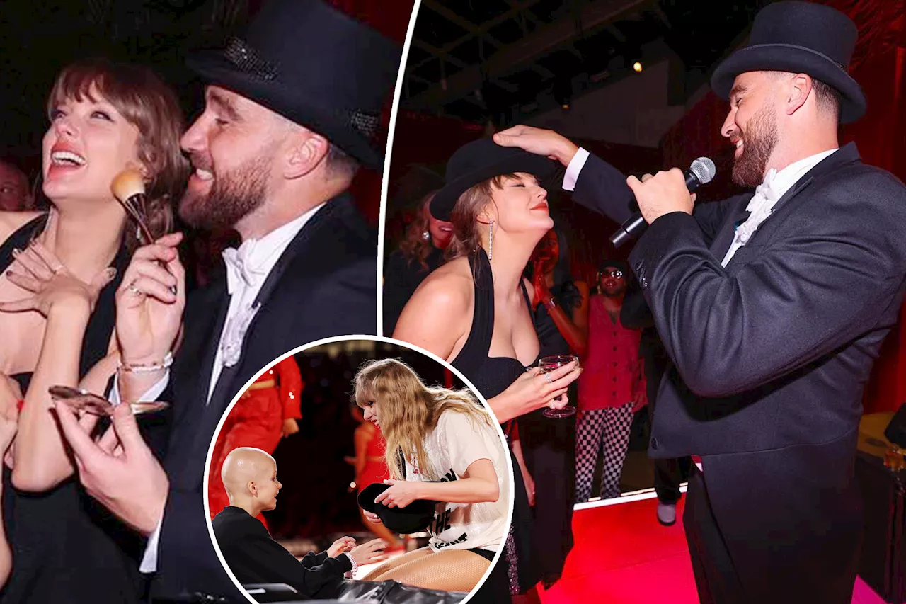 Travis Kelce gifts smitten Taylor Swift final '22' hat at surprise Eras Tour wrap party