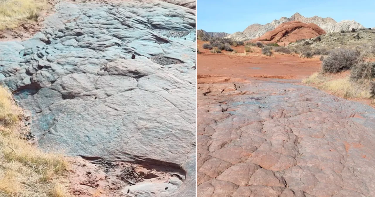 Blue powder stains Utah red rocks after powder cannon blast