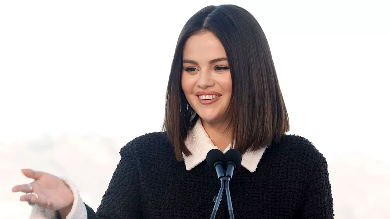 Selena Gomez Accentuates Her Enormous Marquise Diamond With Frosty Pink Nails