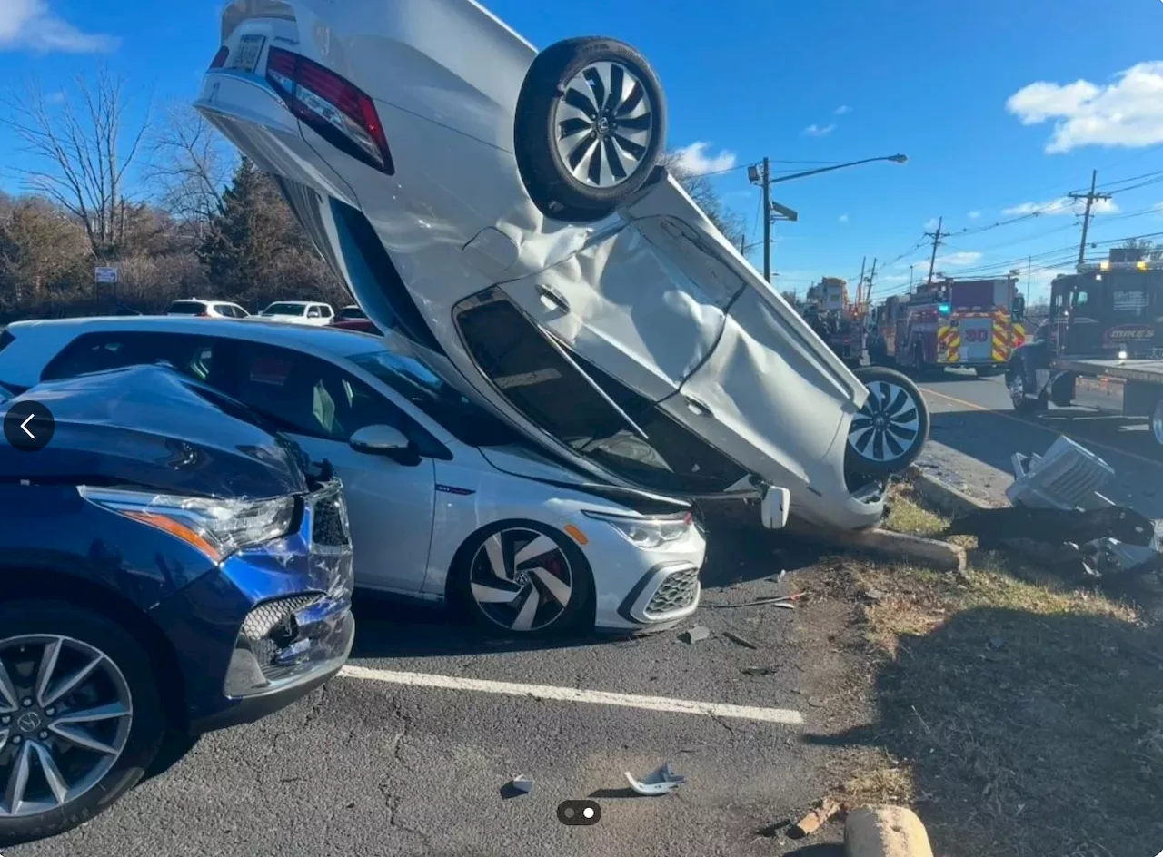 Car lands on top of 3 vehicles in N.J. diner parking lot after crash, police say