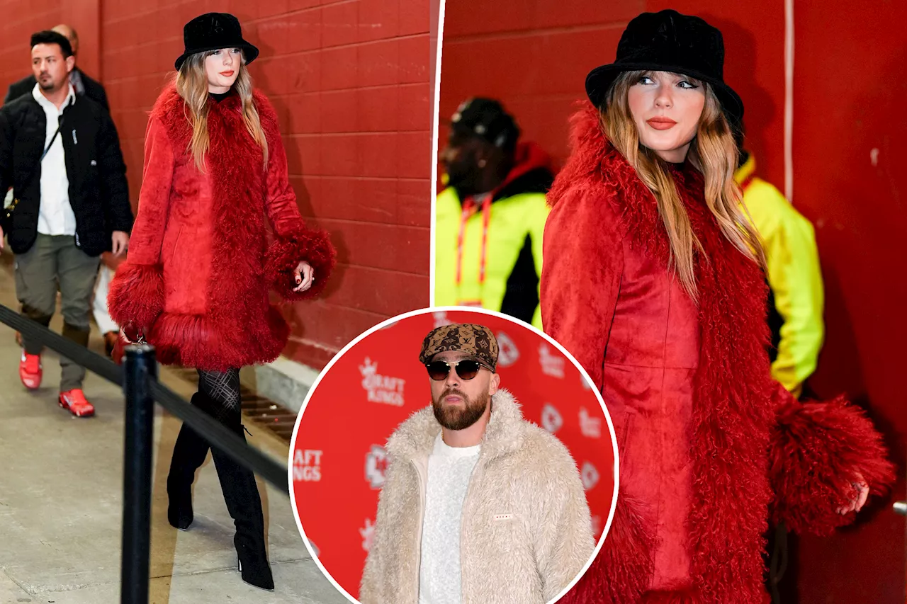 Taylor Swift arrives at Chiefs vs. Texans game matching with Travis Kelce in festive fur coat