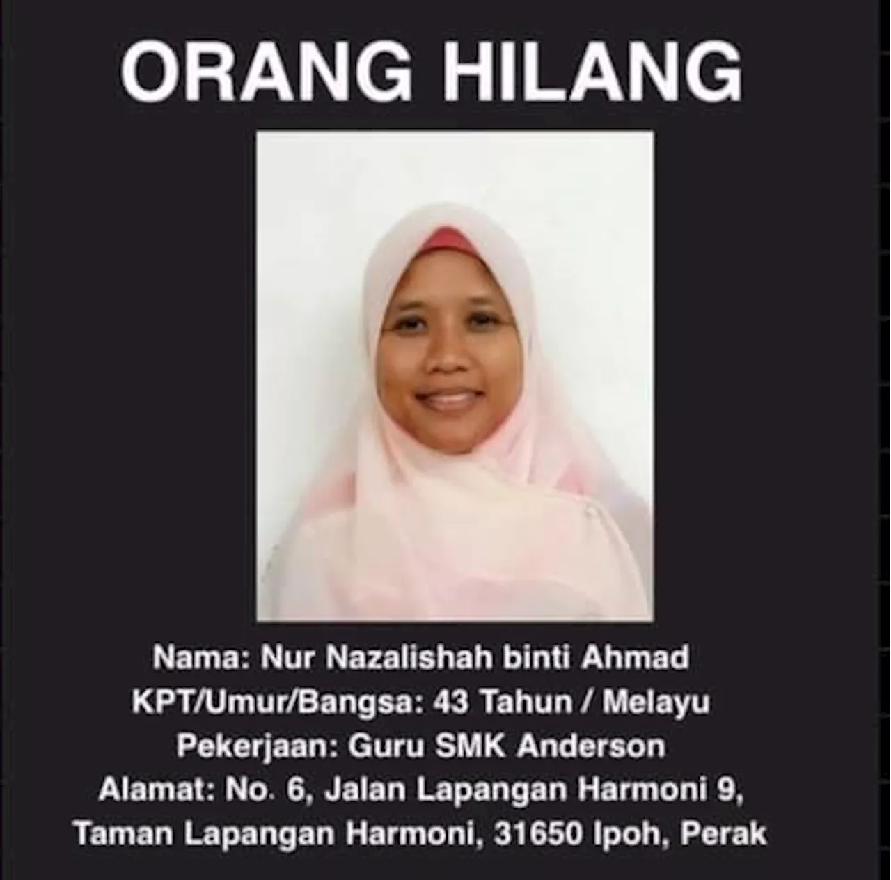 Polis minta bantuan kesan guru wanita dilapor hilang