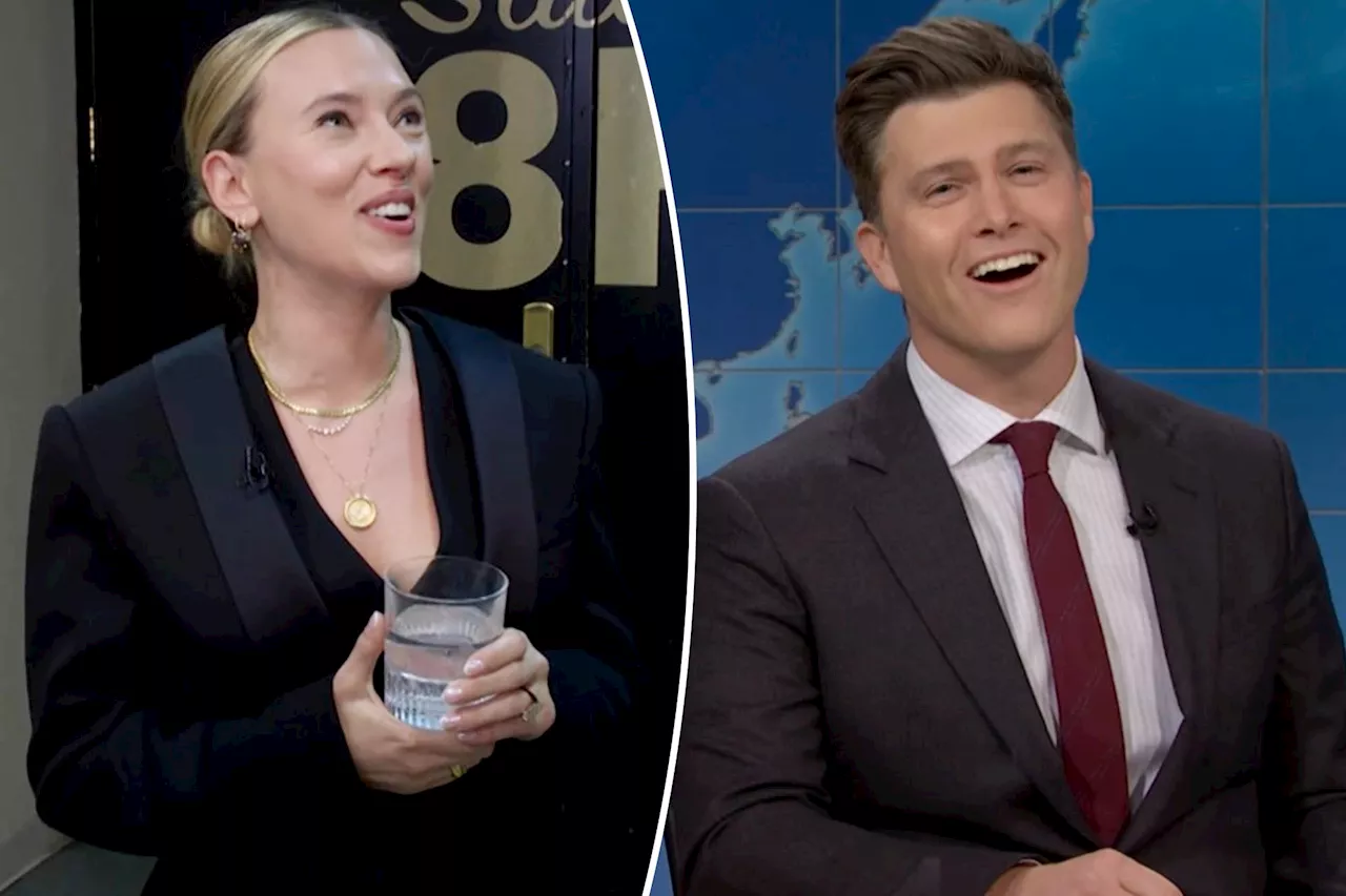 Colin Jost roasts wife Scarlett Johansson during 'SNL' skit as she watched backstage