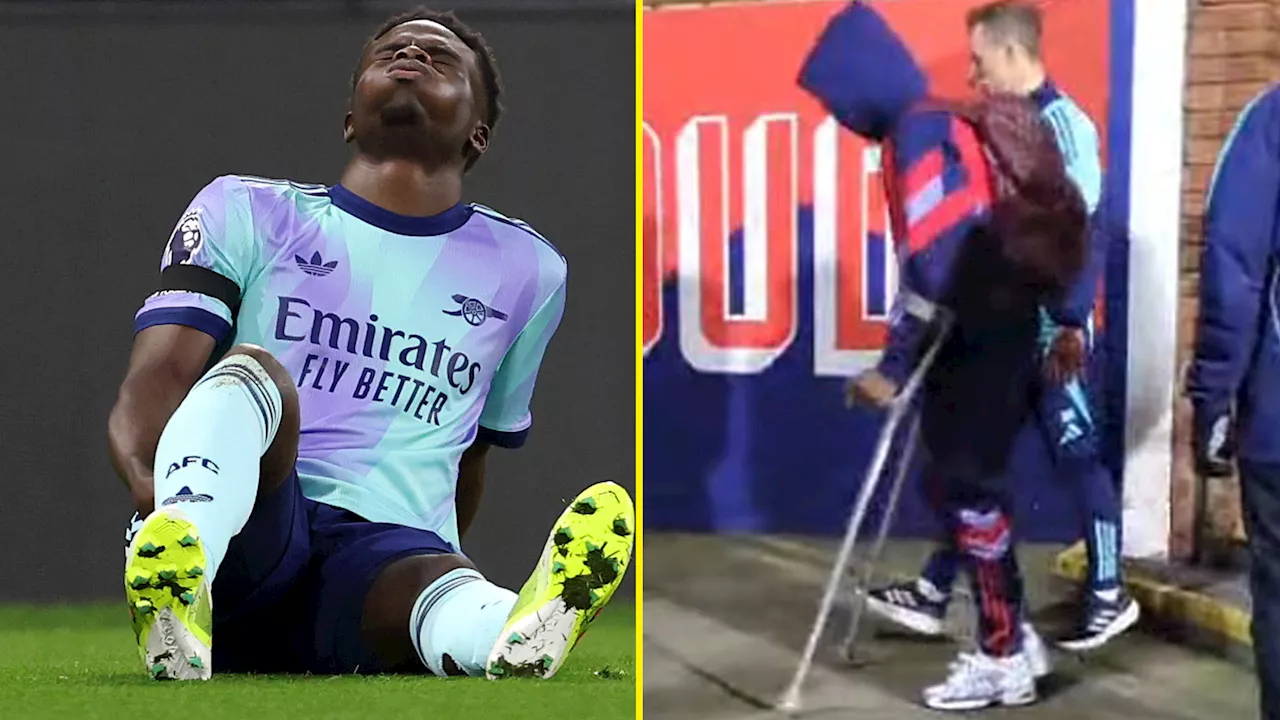 Bukayo Saka spotted on crutches as Mikel Arteta admits he is ‘worried’ over Arsenal star’s injury...