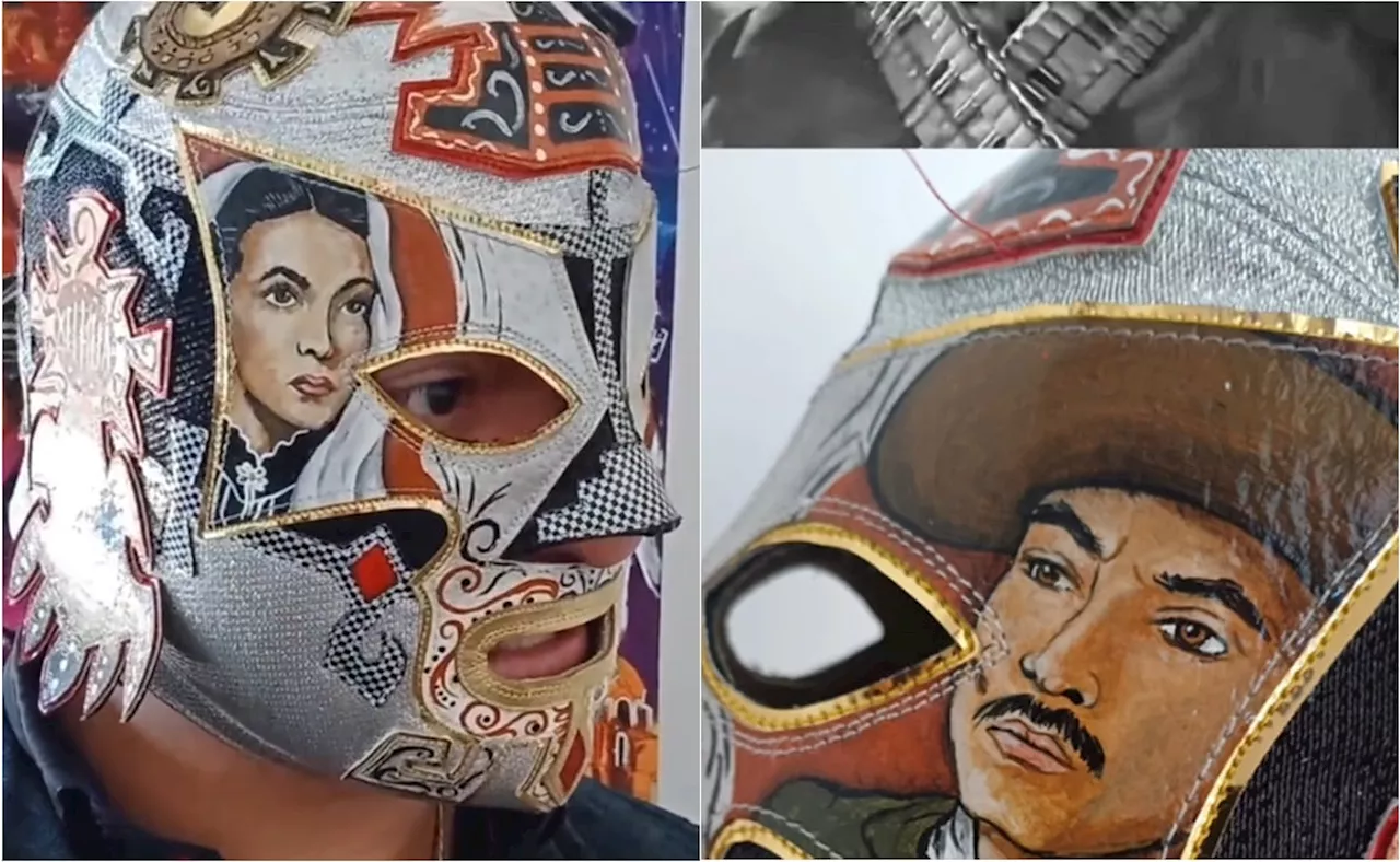 Xelhua, luchador mexicano luce máscara inspirada en el cine mexicano; aparecen María Félix y Pedro Armendáriz