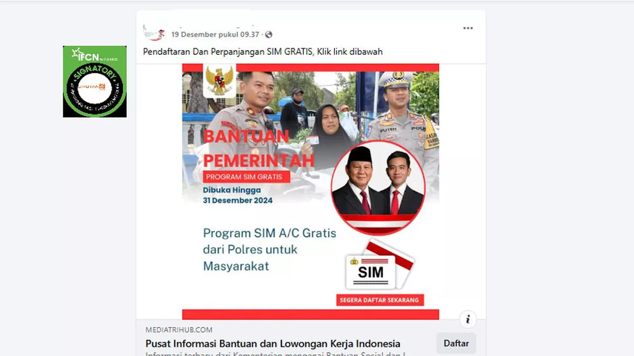 Cek Fakta: Link Pendaftaran Bantuan Pemerintah Program Pembuatan dan Perpanjangan SIM Gratis Ini Tidak Benar