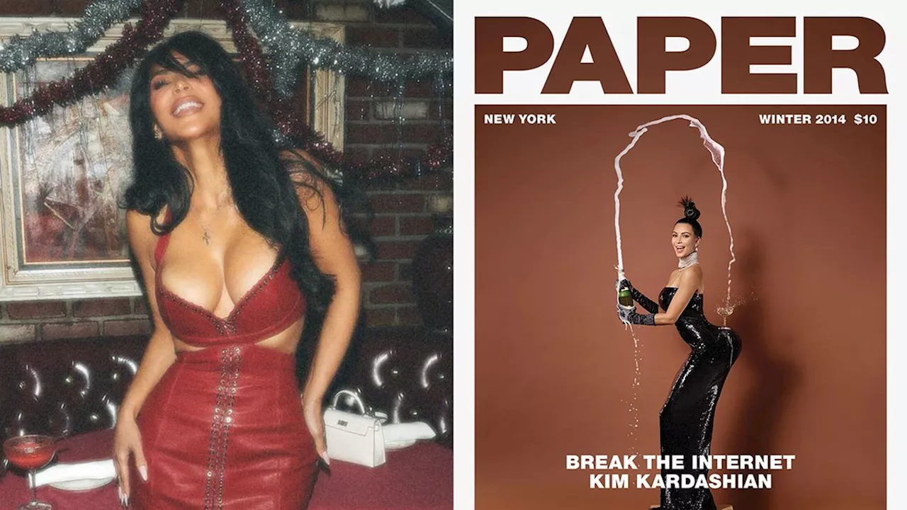 Kim Kardashian Recreates Her Iconic 'Break the Internet' Pose at Skims Christmas Party