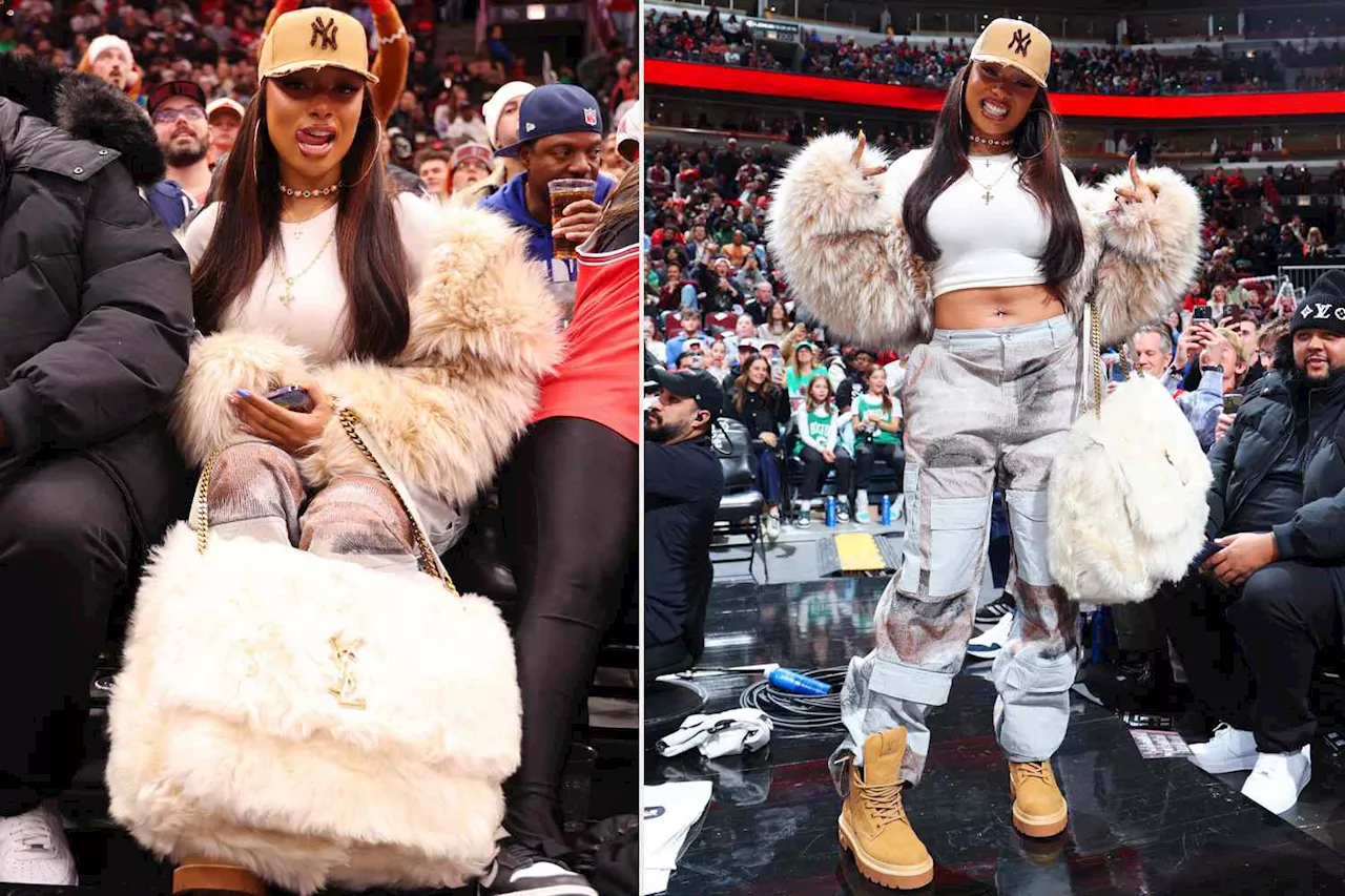 Megan Thee Stallion's Giant Shearling Bag at Celtics Game Sparks Debate