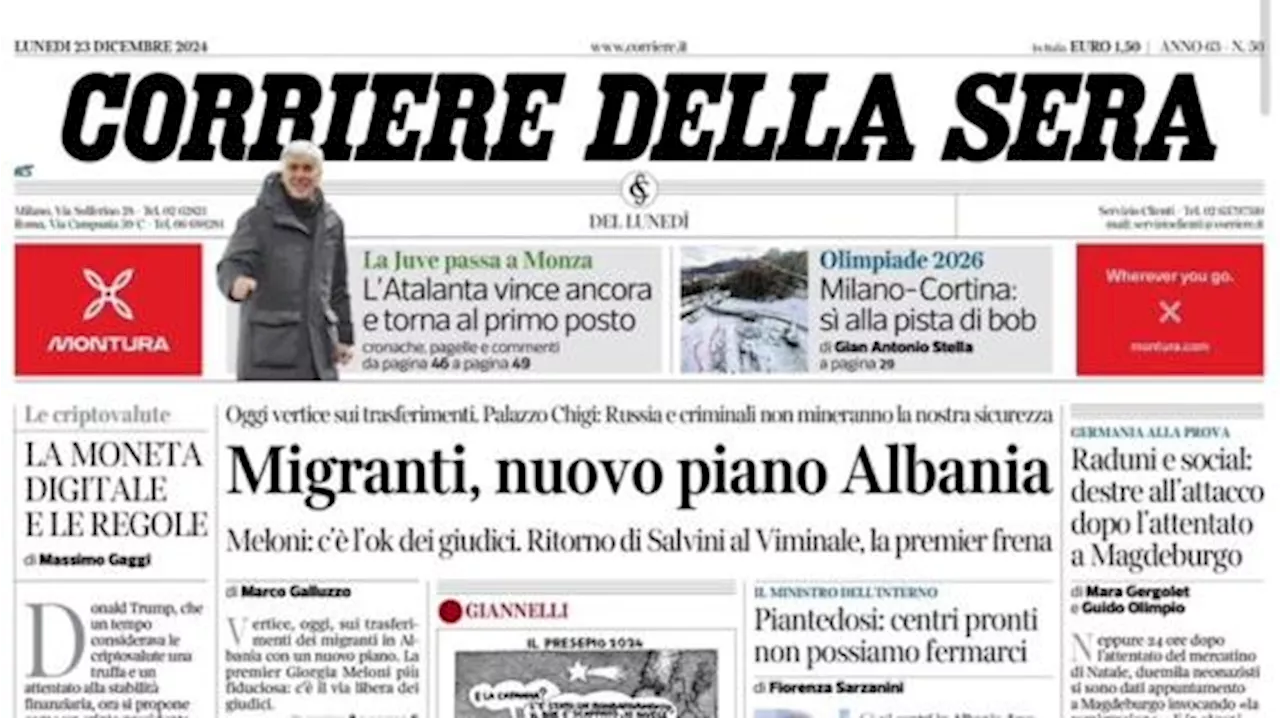 Corriere della Sera in prima pagina: 'L'Atalanta vince ancora e torna al primo posto'