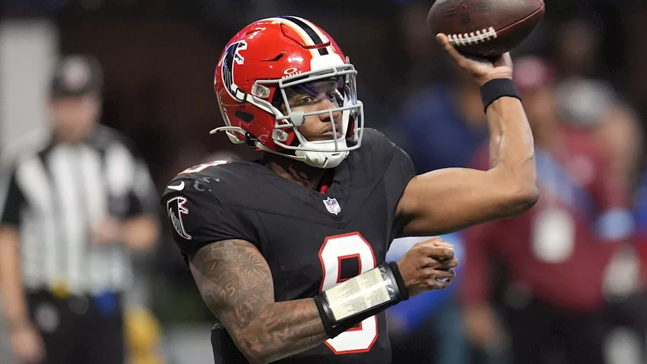 Atlanta Falcons quarterback Michael Penix Jr. speaks during a news conference after an NFL football game against the New York Giants