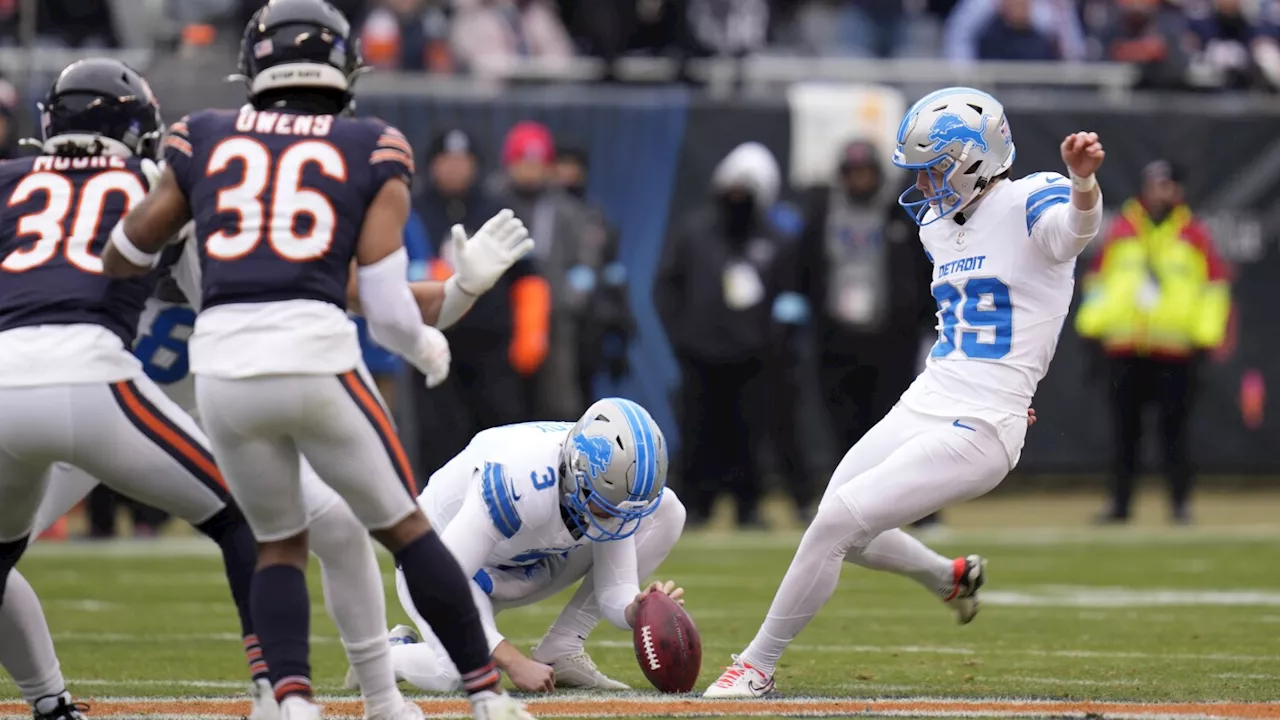 Detroit Lions Place Kicker Jake Bates Attempts 65-Yard Field Goal During NFL Game Against Chicago Bears